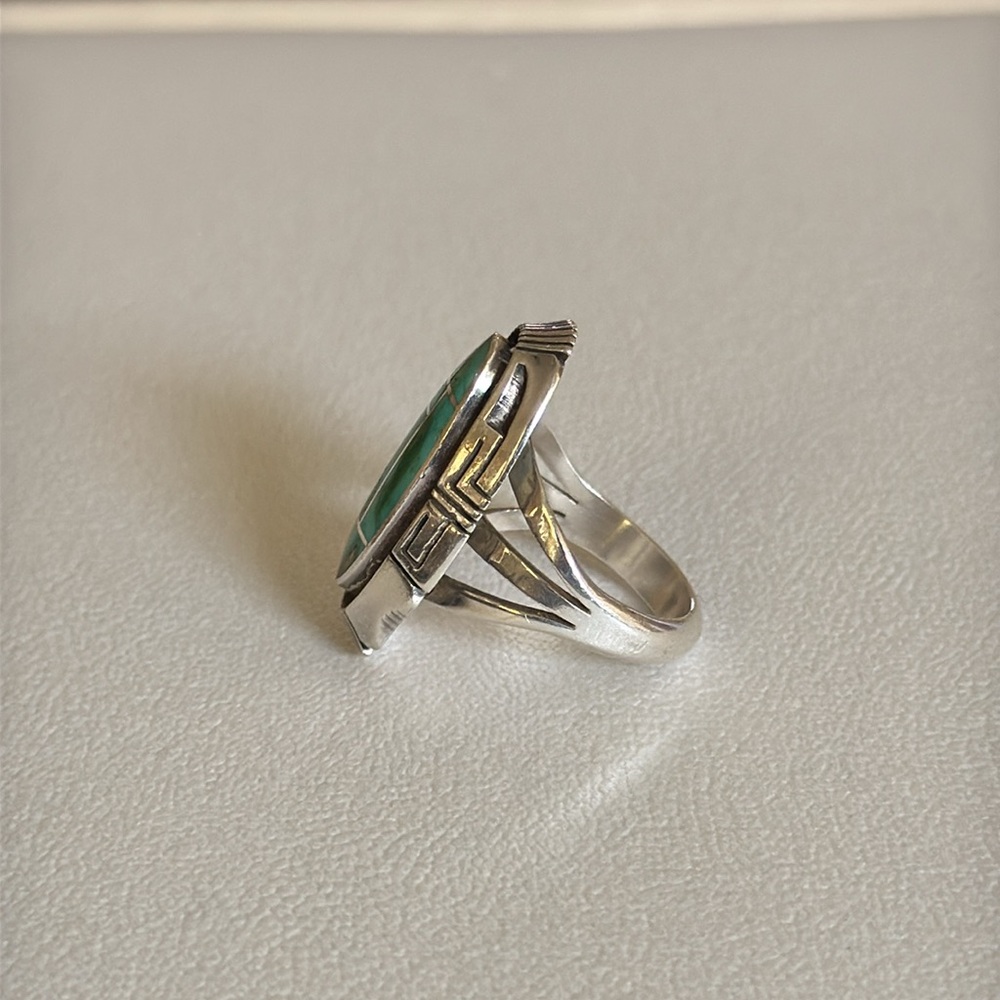 Navajo Handmade vintage Silver and Turquoise Inlay Ring size 9 - Picture 4 of 14